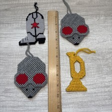Vtg Needlepoint Plastic Canvas Ornaments. Set Of 4 Cowboy Boot Mice Trumpet