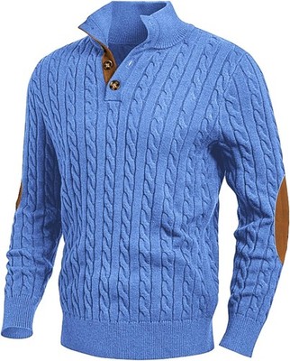 Men's Cable Knit Pullover Sweater Long Sleeve Stand Collar Casual Winter Warm