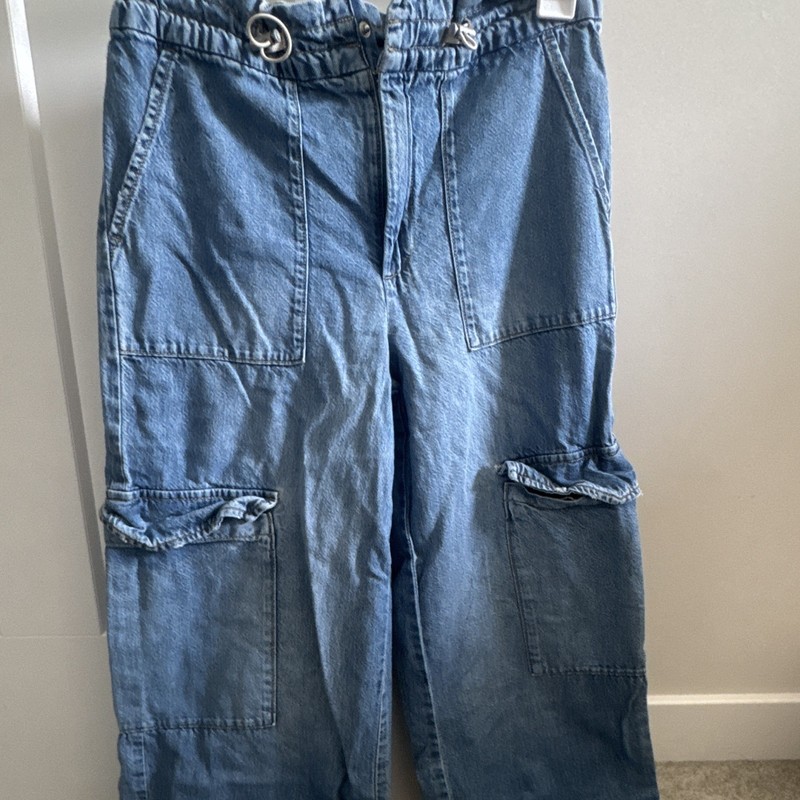 Zara Girls Wide-Leg Blue Denim Jeans 13-14 Cotton Medium Wash Button Pockets