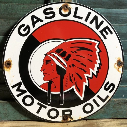 VINTAGE McCOLL-FRONTENAC RED INDIAN MOTOR OILS PORCELAIN GAS PUMP SIGN