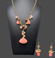 Gold Tone Necklace Earrings Set w/ Acrylic Faceted Beads Pierced Hooks