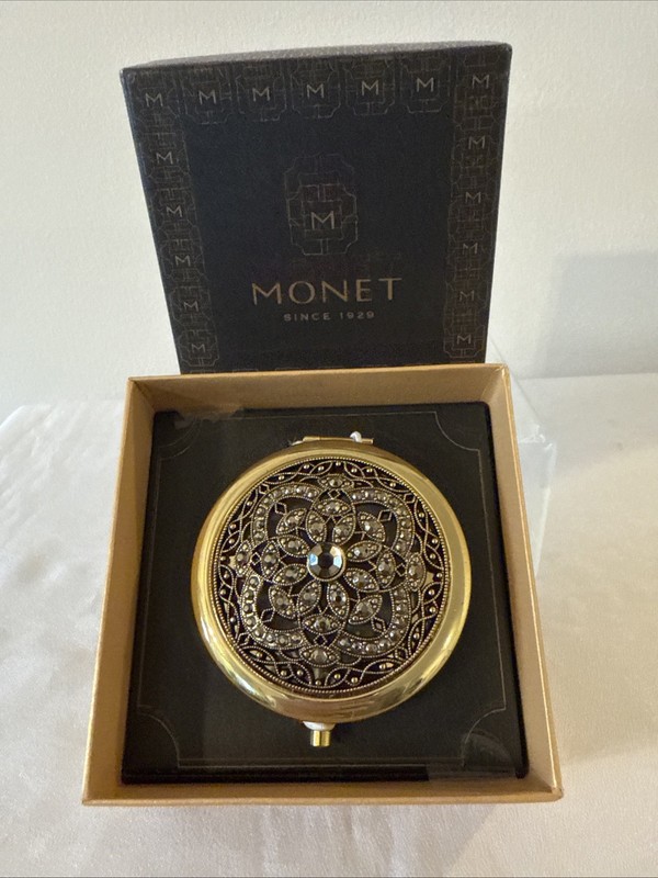 Monet Gold Tone Metal & Rhinestone Double Mirror Compact New in Open Box