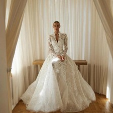A Line Wedding Dresses Deep V Neck Long Sleeve Tull Bridal Gowns Appliques
