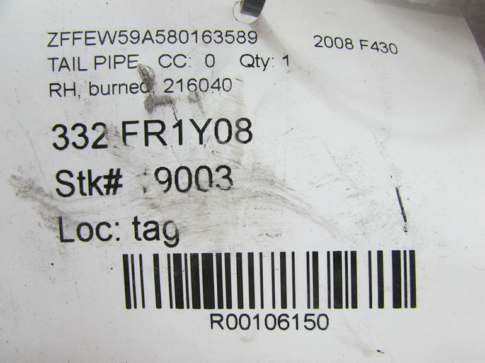 Ferrari F430, RH, Right Exhaust Pipe, Burn. Used, P/N 216040