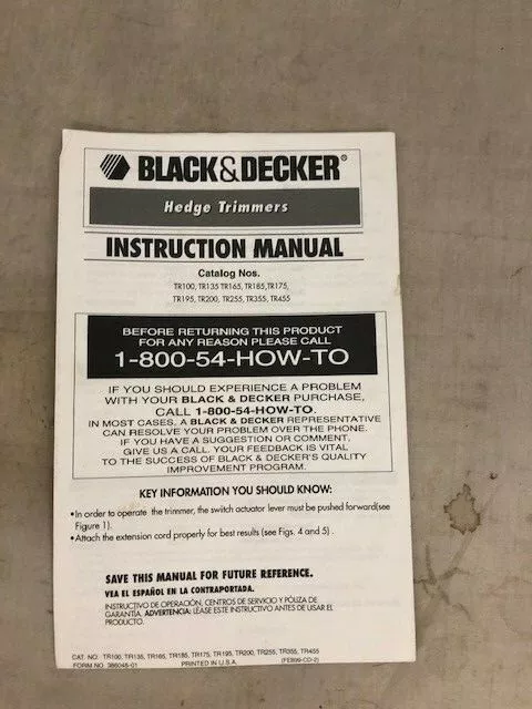 Black Decker Hedge Trimmer Instruction Manual TR100 TR135 TR165