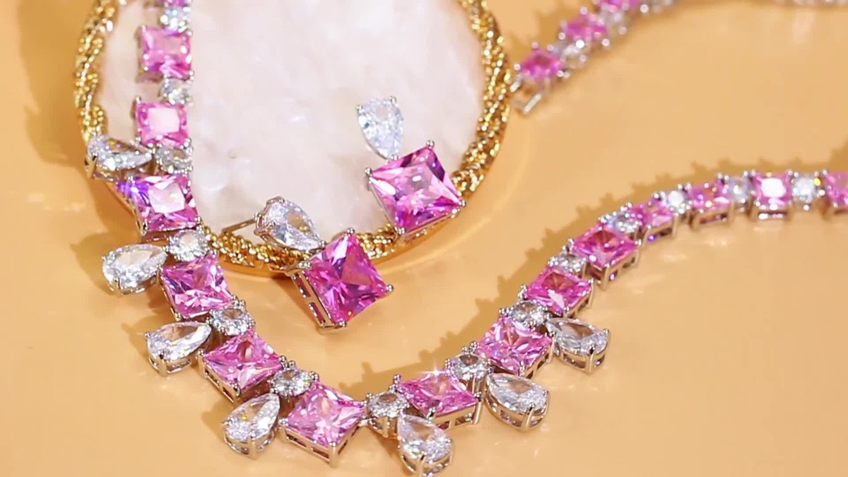 Drop Pink Square Cut Wedding Necklace and Earrings Silver Plated