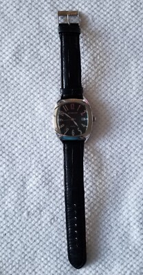 Epoch Silver Tone Date Watch Black Dial & Leather Band 6''-7.5'' New Battery