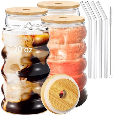 4 Pcs 20oz Drinking Glasses Set with Bamboo Lids and Straws, Cute Iced Coffee...