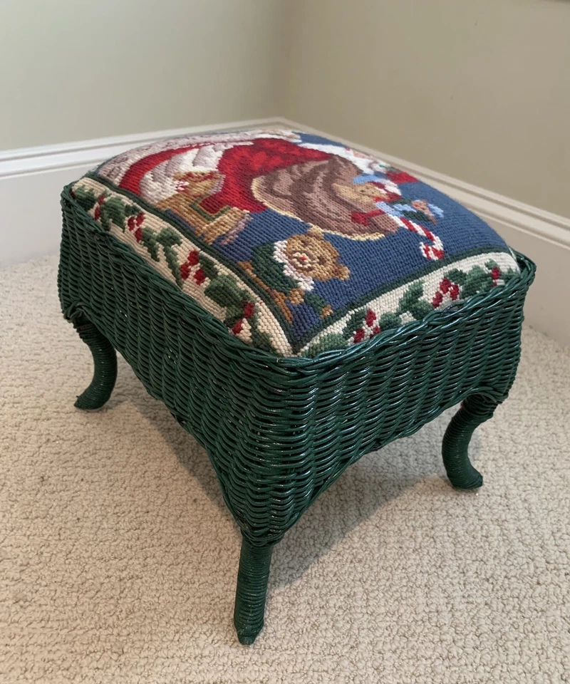 RARE Vintage Green Wicker Needlepoint Santa Christmas Footstool ottoman w Tags - Image 3 of 4
