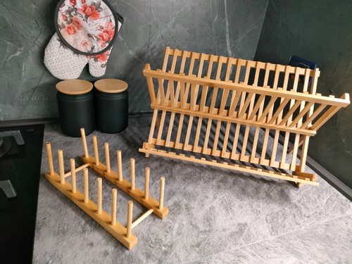 set 2 scolapiatti da appoggio pieghevole in legno bamboo porta tazze colapiatti - Foto 3 di 5
