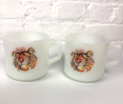 X2 VTG Fire King Esso Exxon Mobil Tiger in Your Tank Milk Glass Coffee Cups Mugs