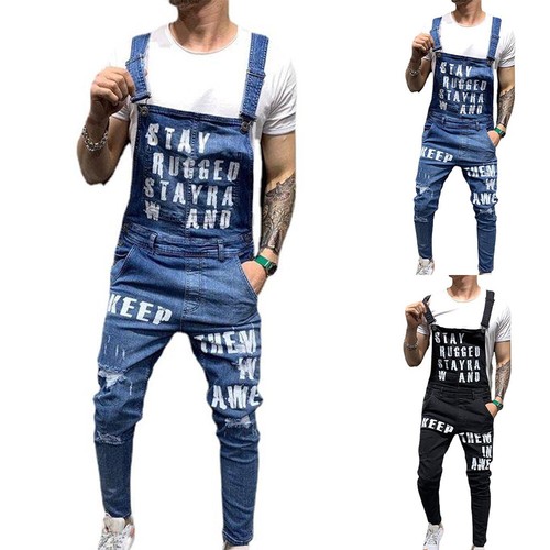 Mens Ripped Denim Jeans Dungarees 