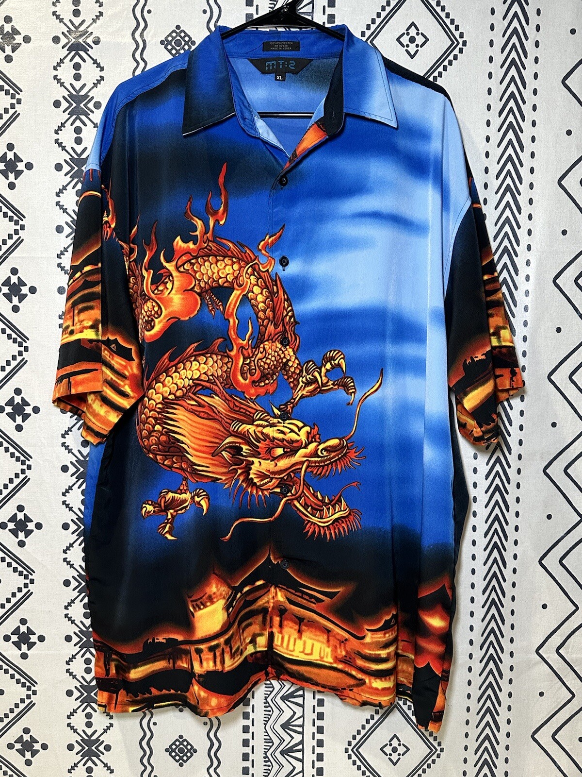 Vintage Y2K MT:2 Chinese Dragon All Over Print Polo Shirt Size Xl