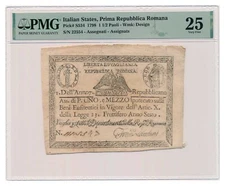 ITALIAN STATES (REPUBBLICA ROMANA) banknote 1 1/2 Paoli 1798 PMG VF 25 Very Fine