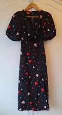 NEW LOOK Stunning Vintage Style Black Midi Dress Red & Pink Heart Detail Size 6