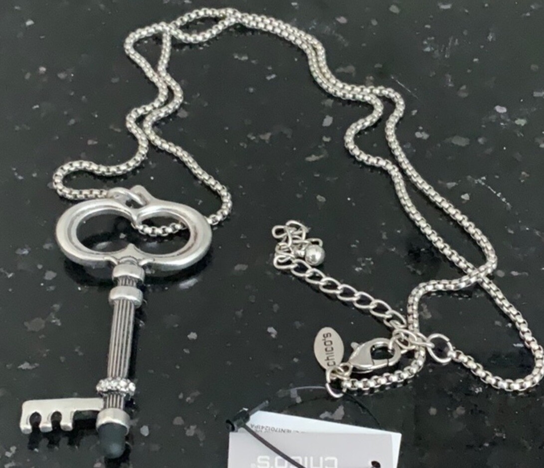 Chicos Necklace Key Rhinestones Silver Tone Long 36