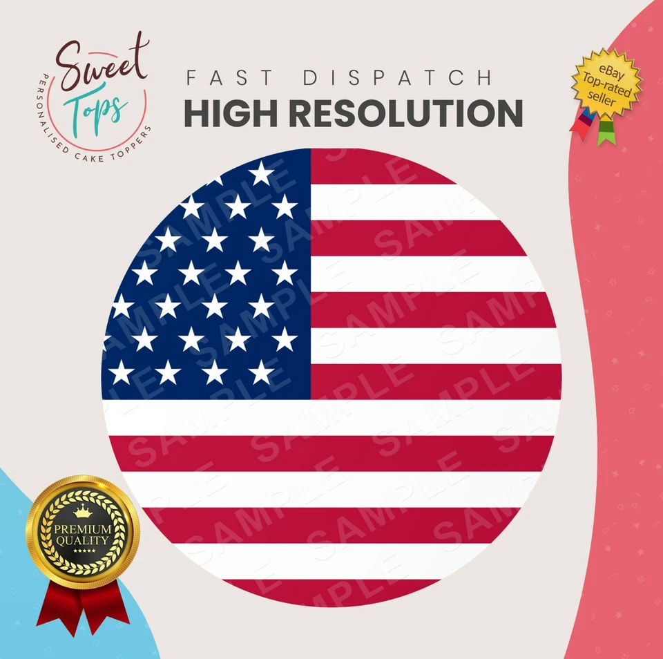 AMERICAN FLAG ROUND EDIBLE BIRTHDAY CAKE TOPPER DECORATION PERSONALISED - Image 1 of 1