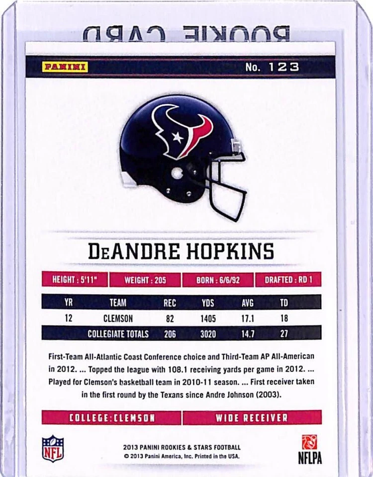 2013 Panini Rookies and Stars Longevity #123 DeAndre Hopkins RC Card Texans - Image 2 of 2