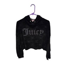 Juicy Couture Velour Rhinestone Logo Hoodie Sweatshirt Size Small Black Y2K