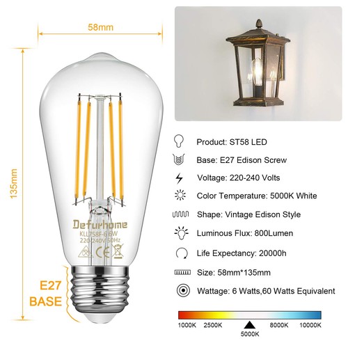 ST58 E27 6W LED Edison Light Bulbs 60W Equivalent, Daylight White - Picture 2 of 5