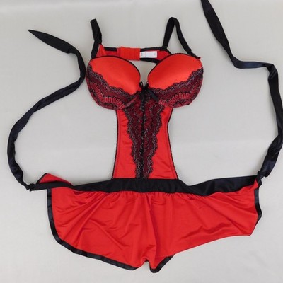 Passion Forever Red Black Lace Lingerie Teddy Skirted Romper Push Up Size Medium