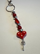 HANDMADE RED BEADED KEY CHAIN WITH HEART AND CHARMS PURSE DANGLER VALENTINE