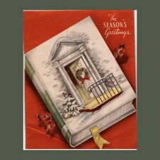 Christmas Card Vintage 1950s Book Open to Winter Doorway Scene Holly Red Wreath