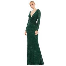 Mac Duggal 26574 Dark Green Sequin Long Sleeve Gown Size 6 $398