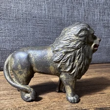1910 AC Williams Cast Iron Still Bank Lion With Original Gold Paint, Antique