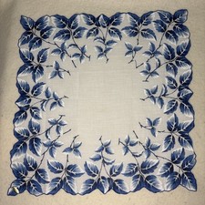 Vintage Handkerchief Hanky Hankie Blue  White leaves 13" x 13.5"