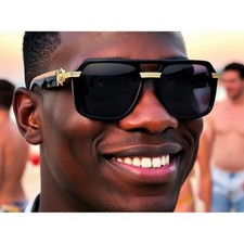 Black Gold Lion Head Sunglasses Square Frame Fashion Statement Shades Kleo Gafas