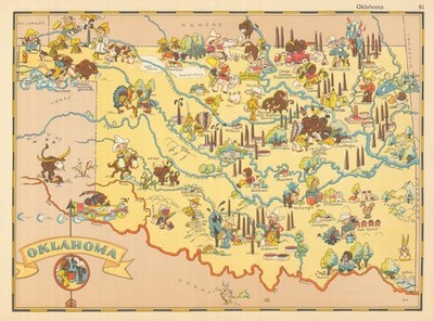 Oklahoma. Bildliche Staatskarte von Ruth Taylor White 1935 alte Vintage Karte