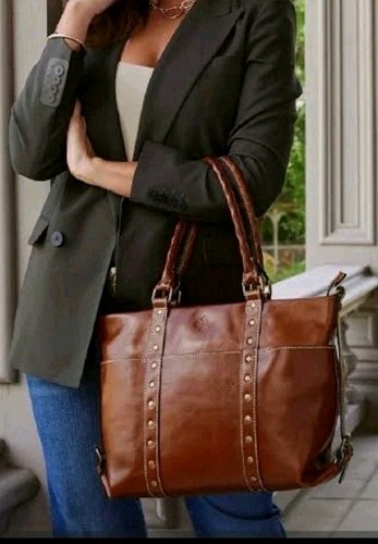 Patricia Nash Heritage Carducci Pocket Tote Bag Tan/Brown Leather Shoulder Purse - Image 1