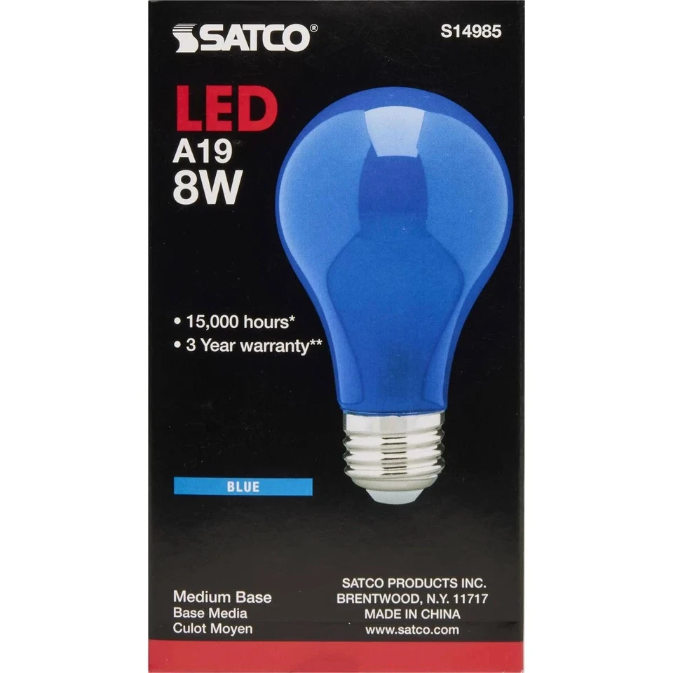 Satco S14985 - 8 Watt LED A19 Decorative Ceramic Blue Light Bulbs (2 or 6 Pack) - Image 2 of 3