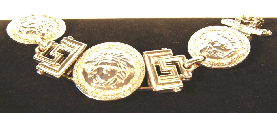 Pulsera Llave Griega De Colección Gianni Versace 8" Tonificada Plateada Medusa Estrás 78.7g TW Foto 2 de 4