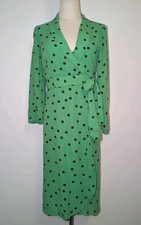 Women's Ganni Dainty Georgette Green With Black Large Polka Dot 3/4 Length...