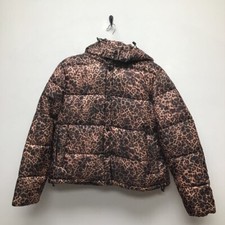 Rachel Parcell Womens Puffer Jacket Brown Leopard Pockets Snap Hooded M New