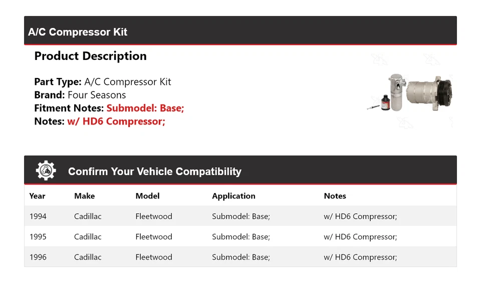 Kit de compressor A/C base Cadillac Fleetwood 1994-1996 4 estações 1995 - Imagem 2 de 4