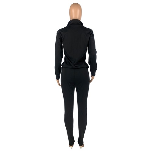 New Women Fashion Long Sleeves Zipper Patchwork Solid Casual Jumpsuit 2pcs - Picture 9 of 15