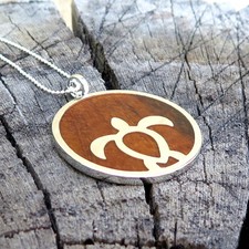 Hawaii Koa Wood Jewelry Honu Turtle Silver Rhodium Plated Brass Pendant BRP1025