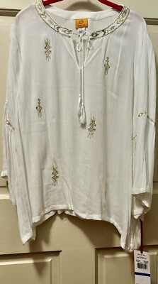 Ruby Road Top/NWT/Size XL/White with Gold Accents/Long Sleeves Flared