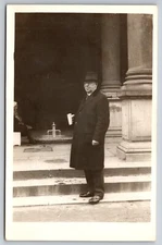 RPPC Man Wearing Hat Suit Coat Standing Vtg Real Black & White Photo Postcard