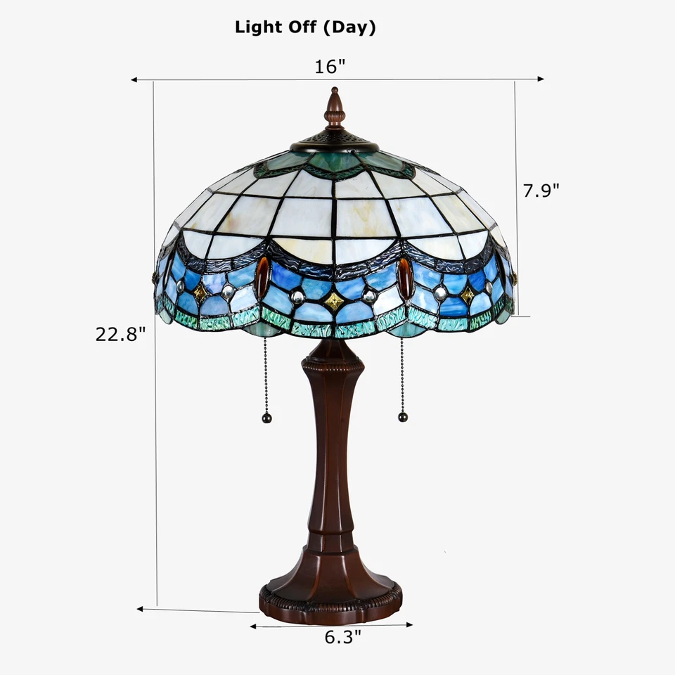 Lamp Tiffany Victorian Style Table Stained Glass Vintage Shade Light Desk Blue - Image 4 of 4