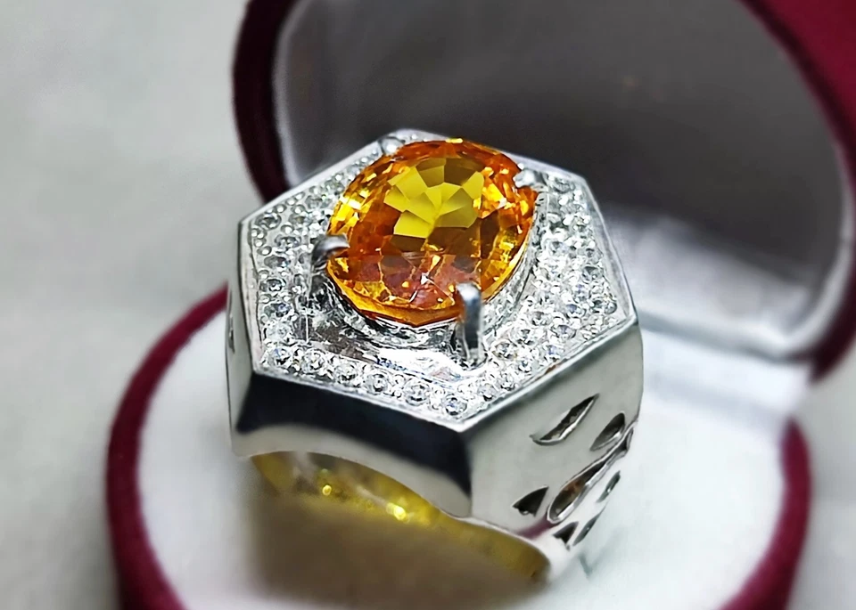 Oval Cut 13 Ct Deep Yellow Citrine Sterling Silver 925 Handmade Mens Heavy Ring - Image 4 of 4