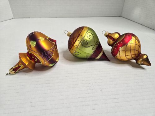 3 Ornamenti Vintage Christoball Vetro Dipinto Finale Goccia a Strappo Cipolla Oro Arancione - Foto 3 di 5