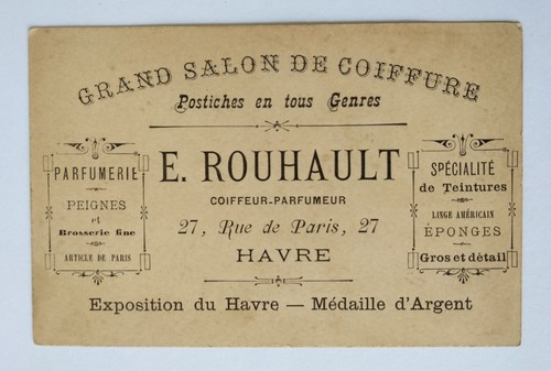 Salon de Coiffure Parfumeur E. Rouhault Havre Saphir French Victorian Trade Card - Picture 2 of 2