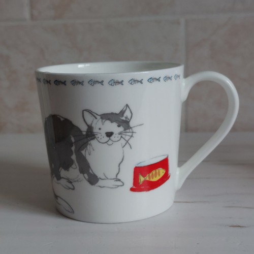 Waitrose Katze Becher weiß Keramik Katze Katzen Maus Fisch Tier Kätzchen H 9 cm GETRAGEN