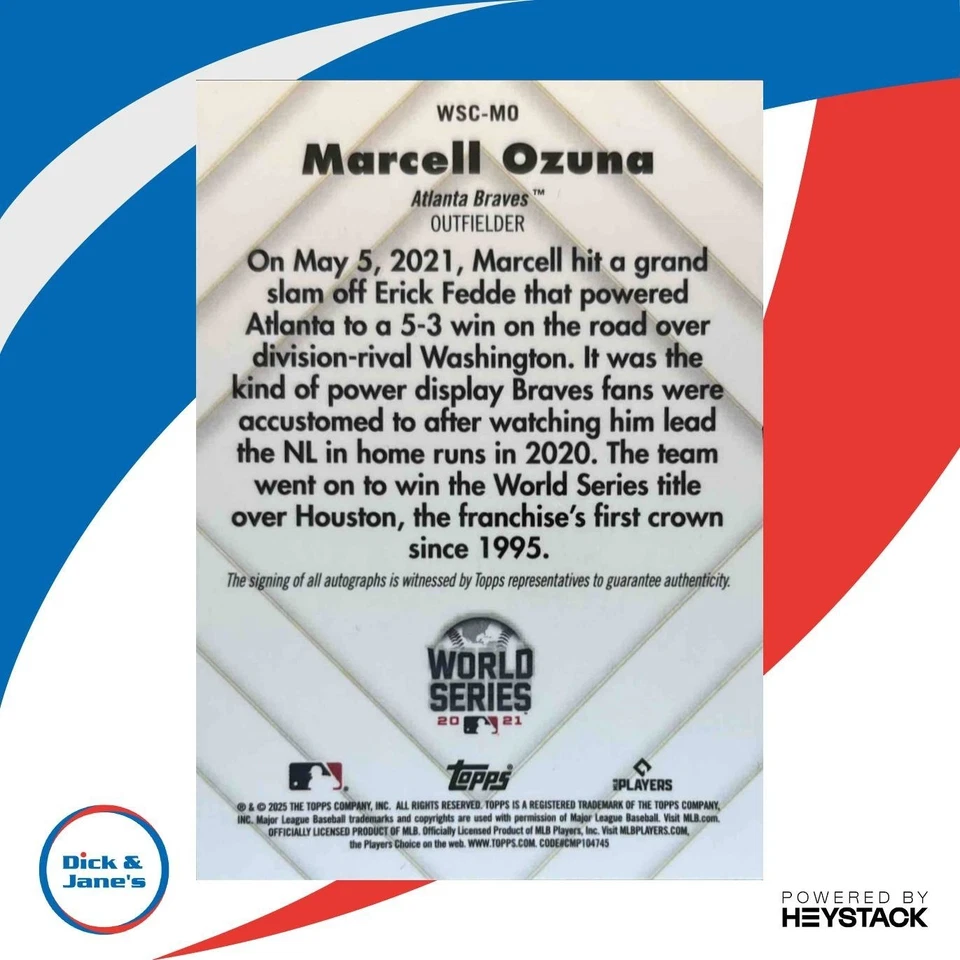 2025 Topps Chrome Marcell Ozuna World Series Champion Auto 42/100 Braves - Изображение 2 из 4