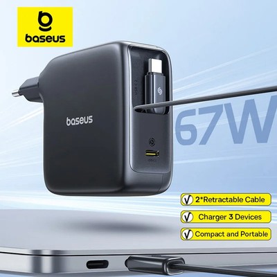 Baseus 67W GaN Charger Dual Retractable USB-C Cable Fast Charging Travel Adapter