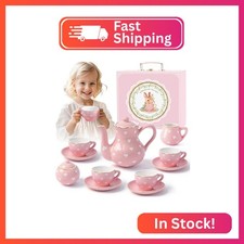 TUZT Tea Party Set for Little Girls Ages 3-8, Pink Heart Porcelain Tea Set with